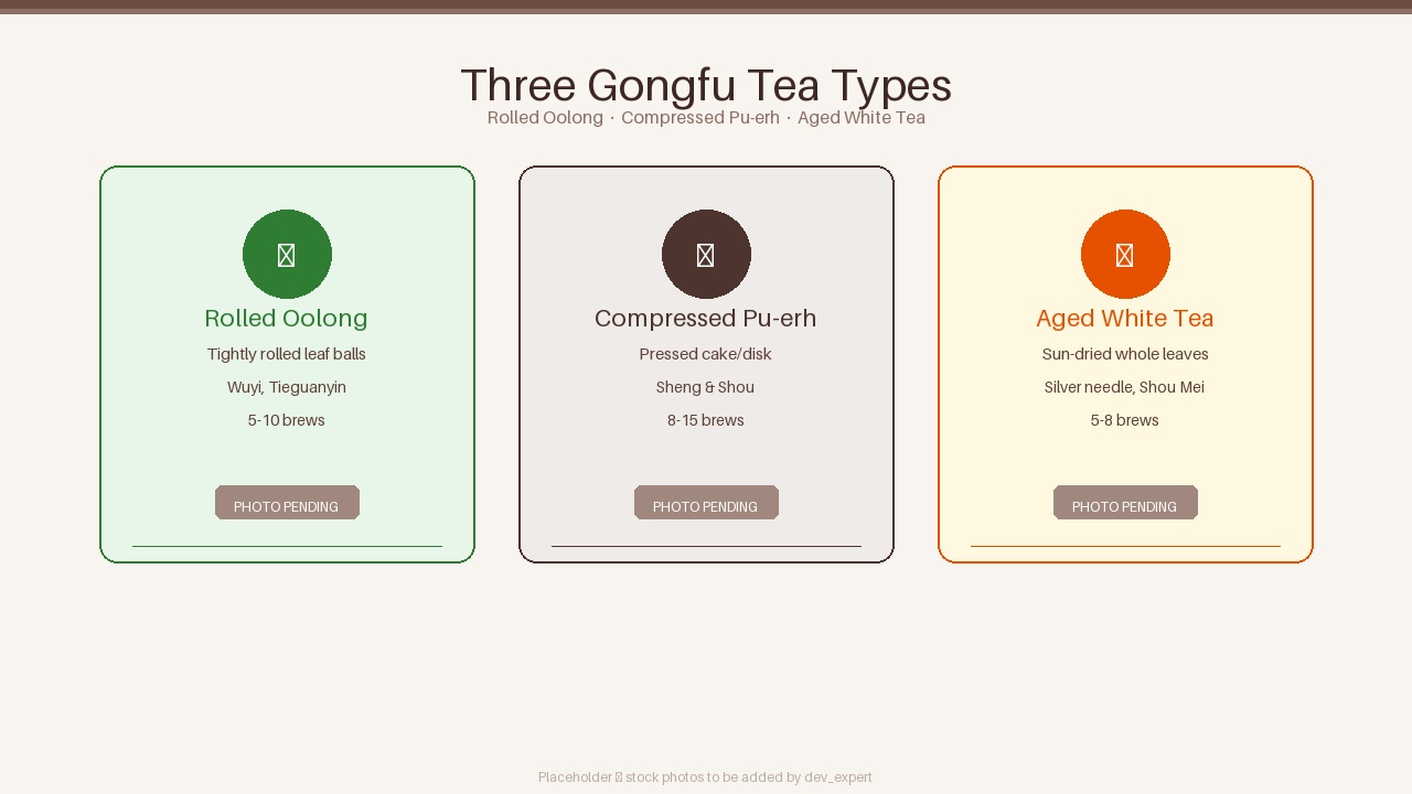 Gongfu tea leaves: rolled oolong, compressed pu-erh, and aged white