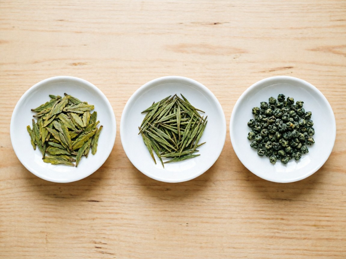 Three green tea leaf shapes: flat Longjing, needle sencha, rolled green
