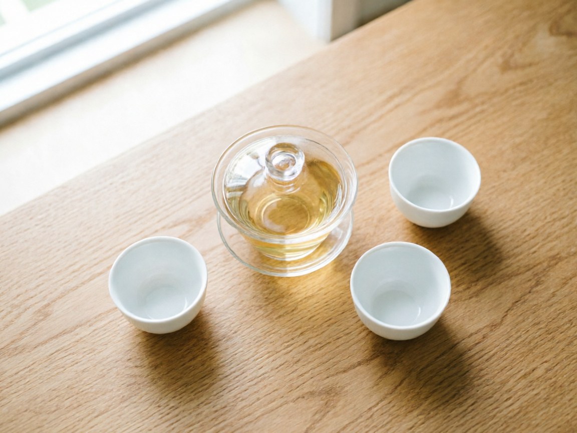 Glass gaiwan with pale golden white tea, three tasting cups on oak board
