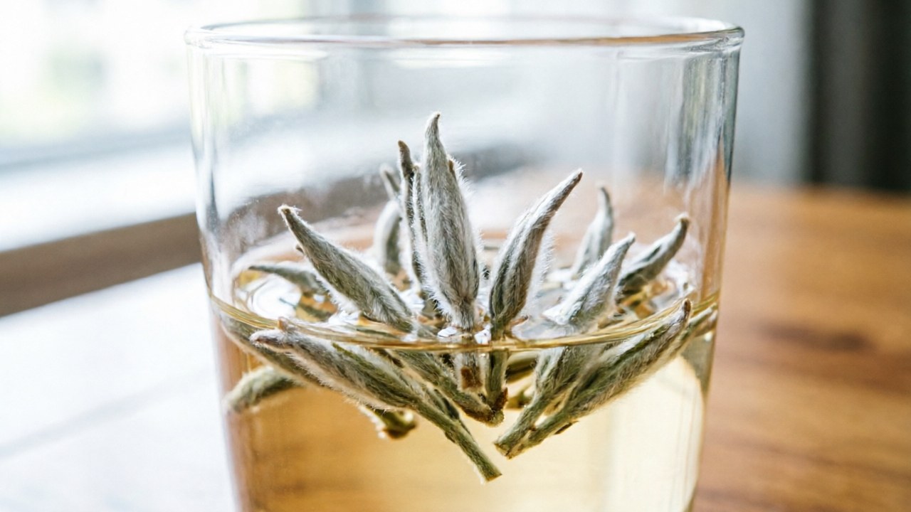 Silver Needle buds unfurling in clear glass, pale golden white tea steeping