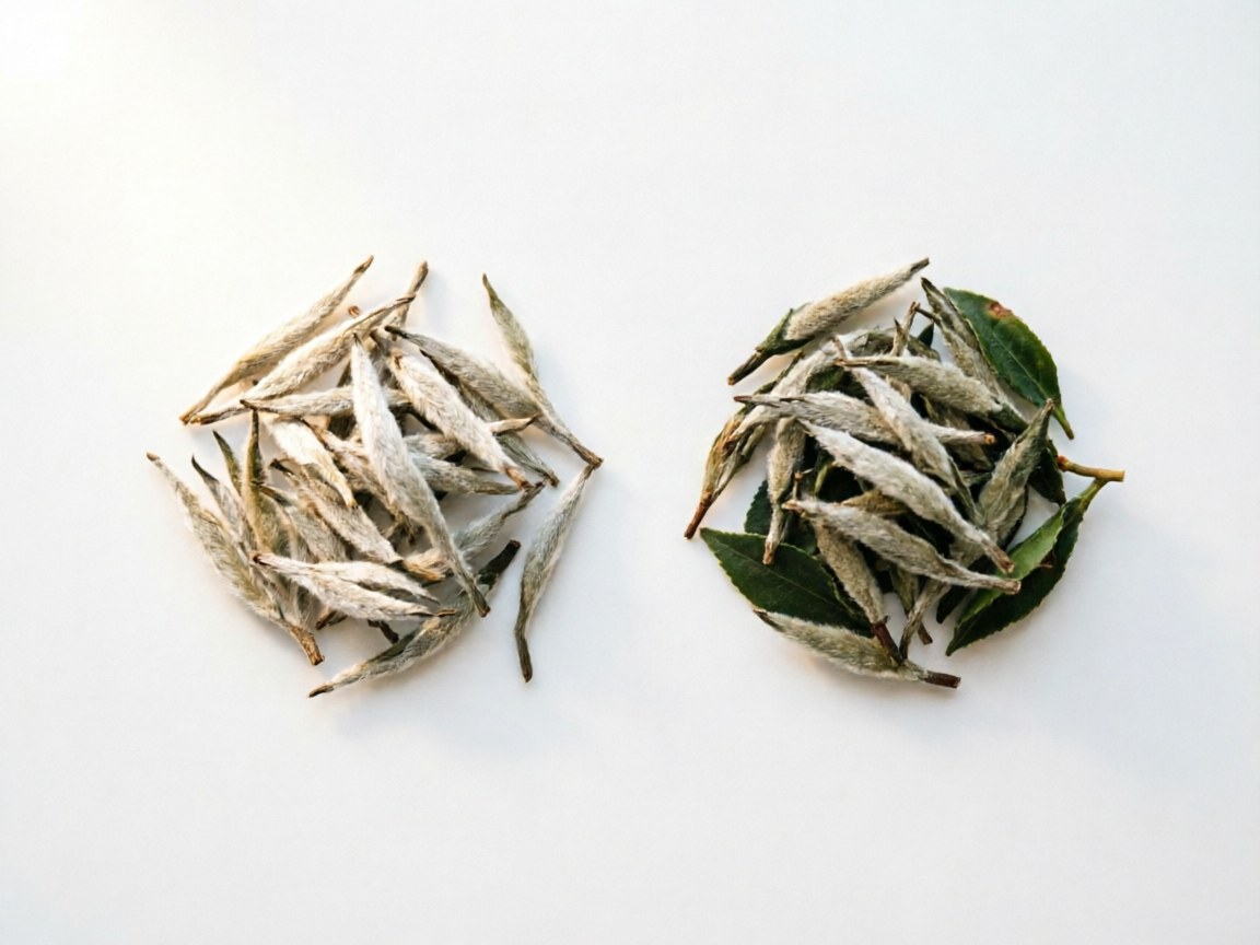 Silver Needle buds (left) vs Bai Mu Dan bud-and-leaf (right) side by side