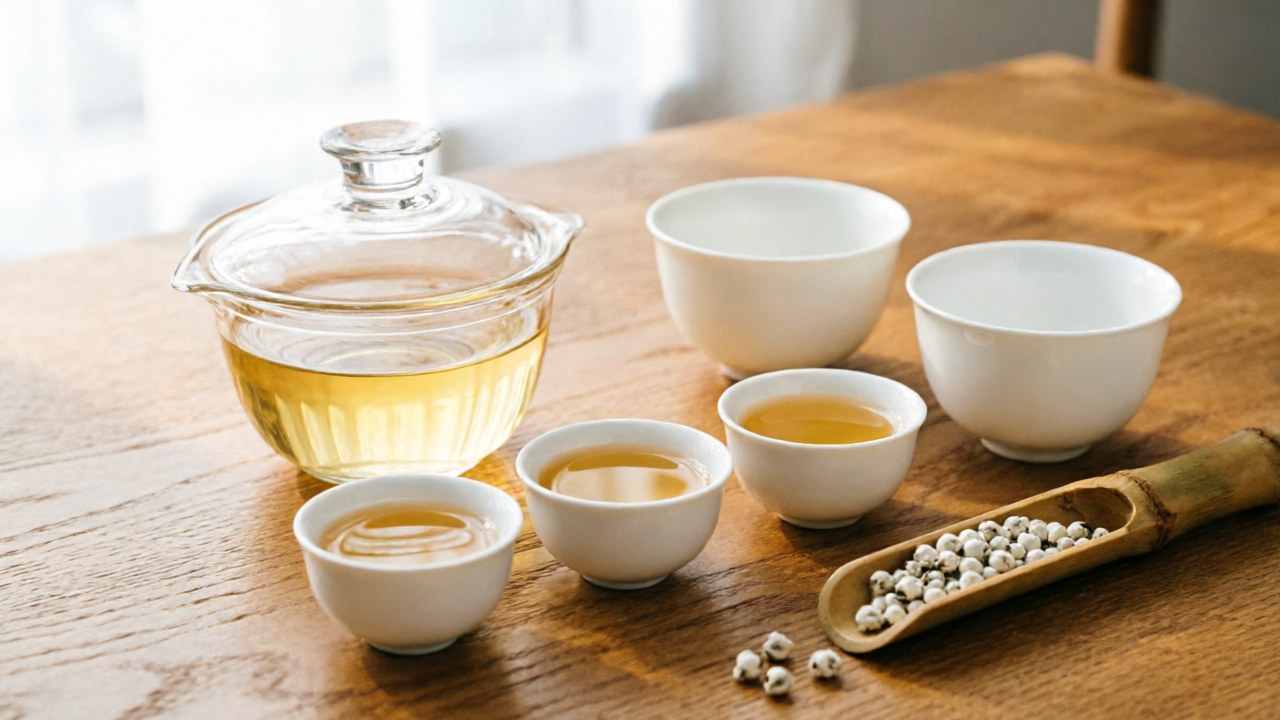 Glass brewing vessel with pale golden white tea, tasting cups on oak board