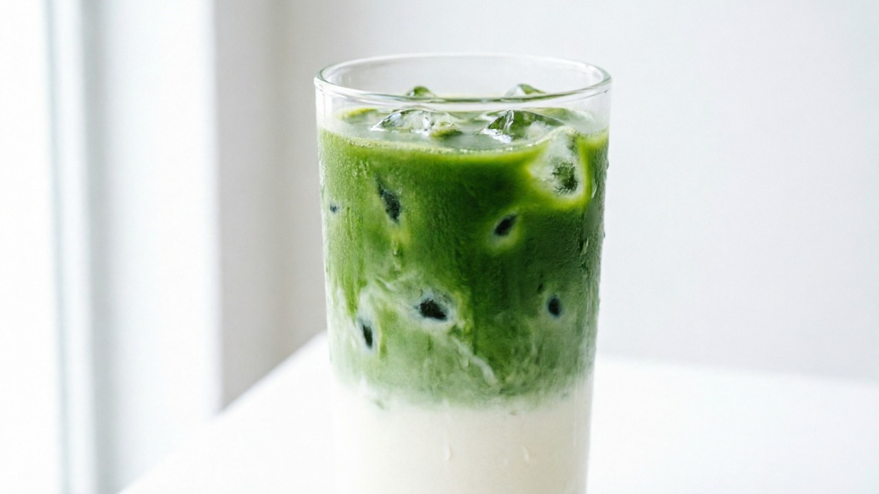 Clear iced matcha in a tall glass, green layer settling over white milk.