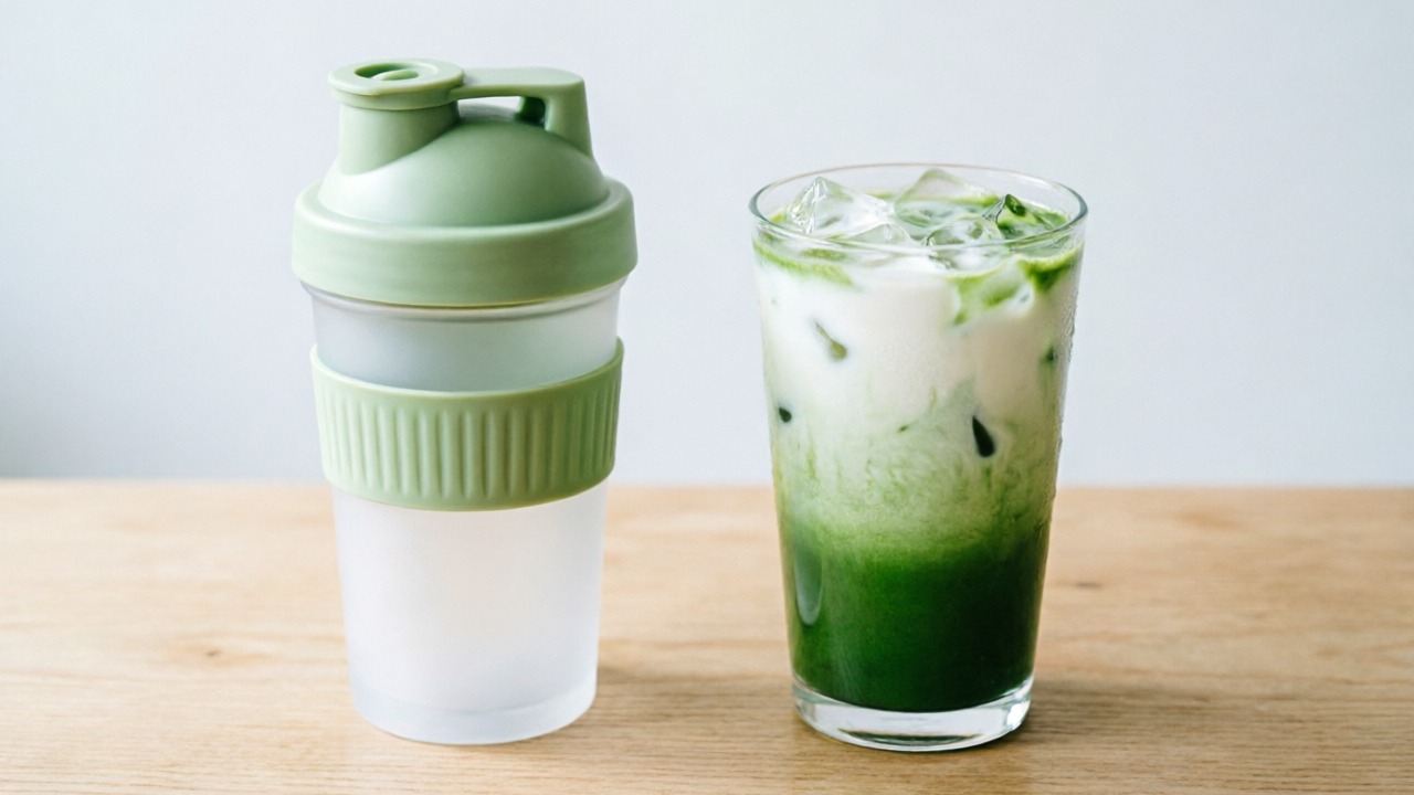 Matcha shaker bottle with layered green iced matcha next to a glass.