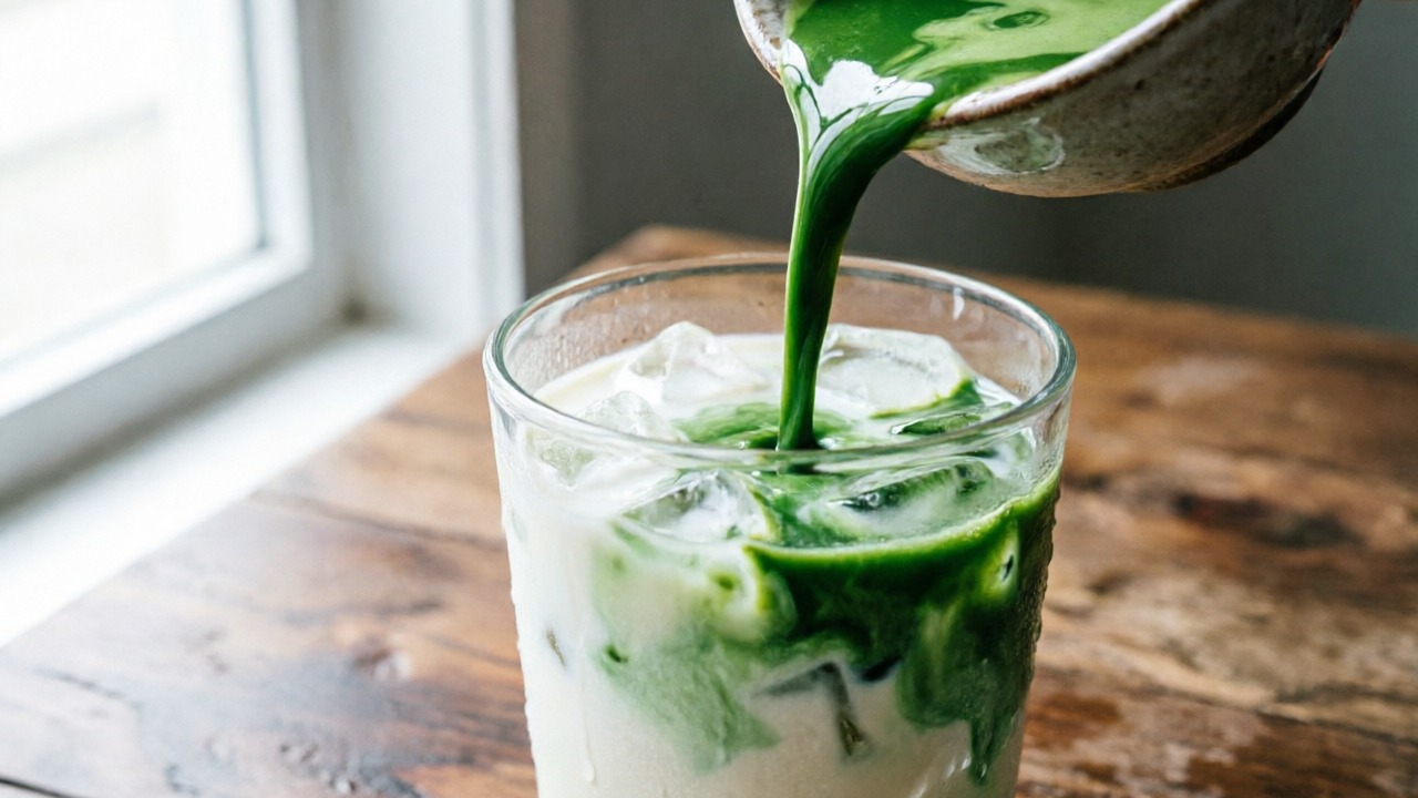 Whisked bright green matcha being poured over ice and milk in a glass.