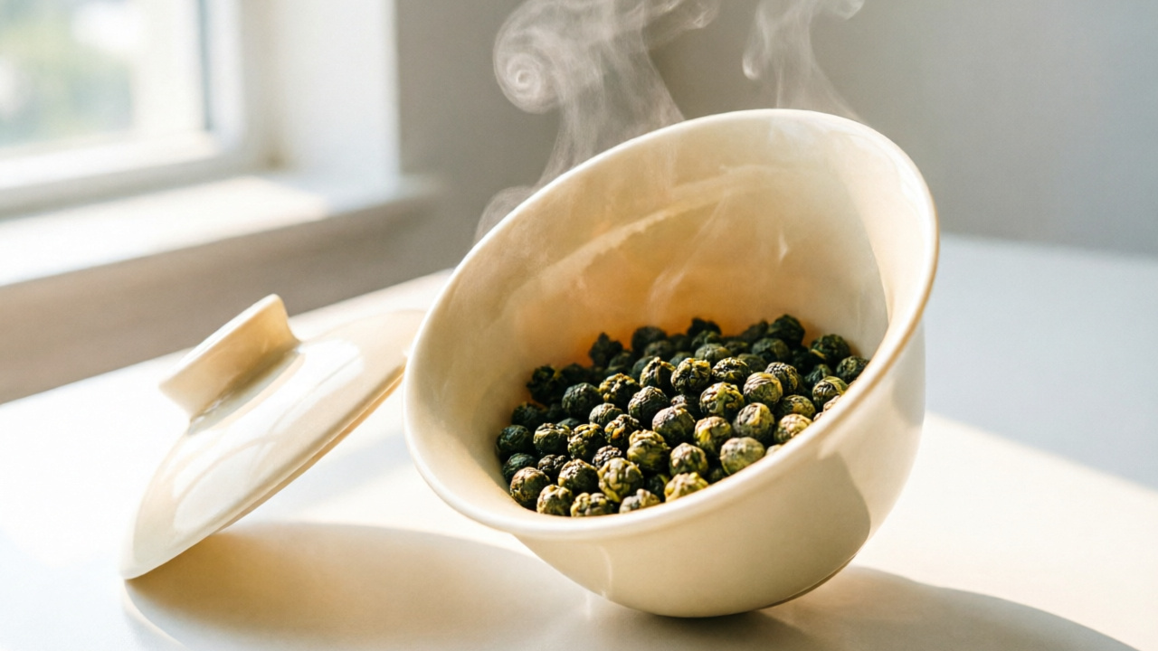 Gaiwan with rolled oolong leaves at 1/3 fill for gongfu