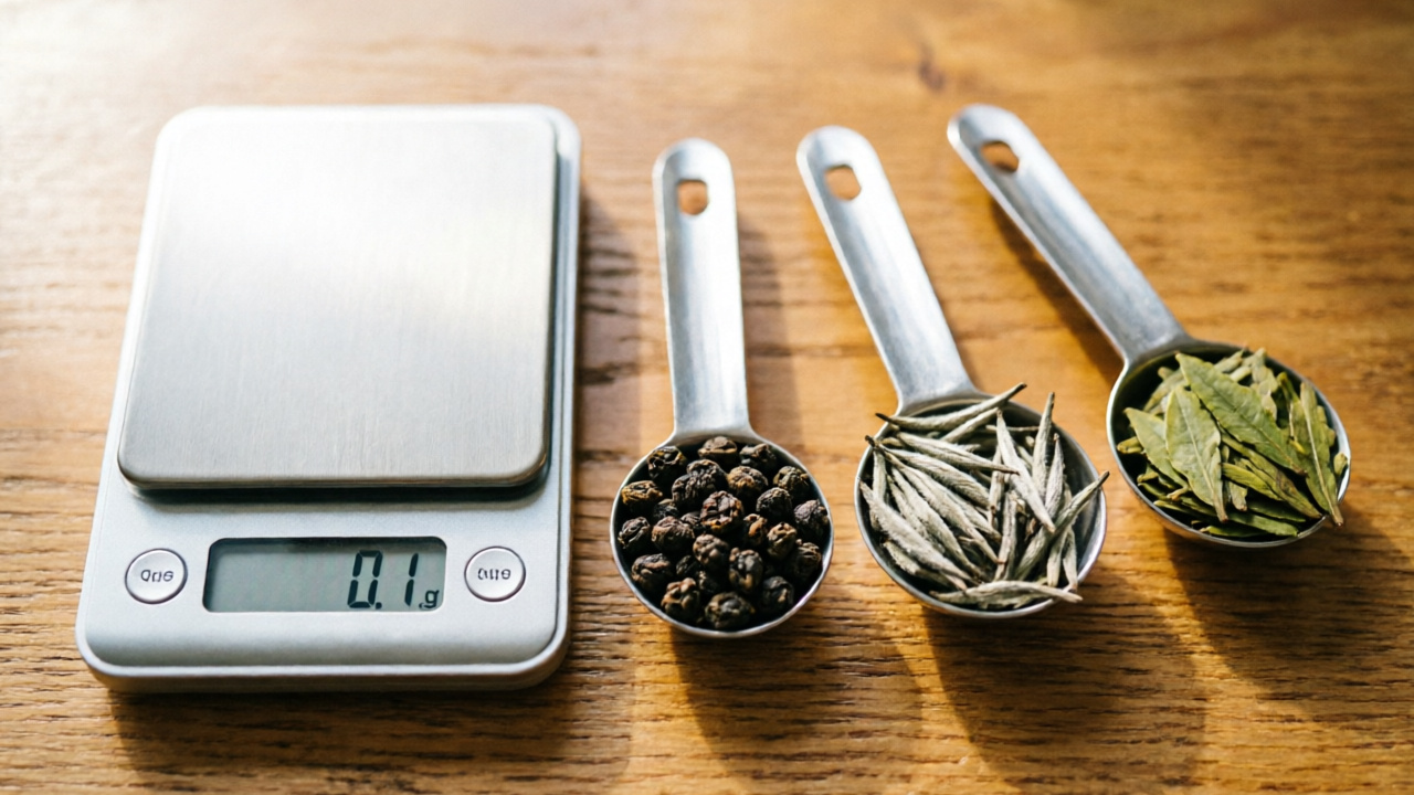Scale, spoons, green tea, oolong, and white tea showing density