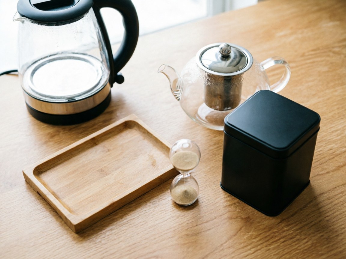 Host tea kit: kettle, glass teapot, tray, timer, and black tea tin