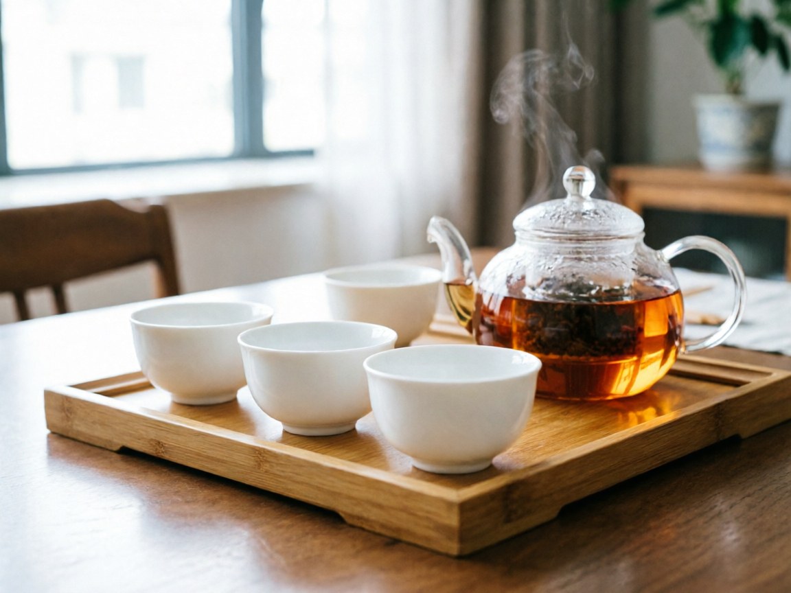 Setup for three to six guests: shared pot and matched cups on a serving tray