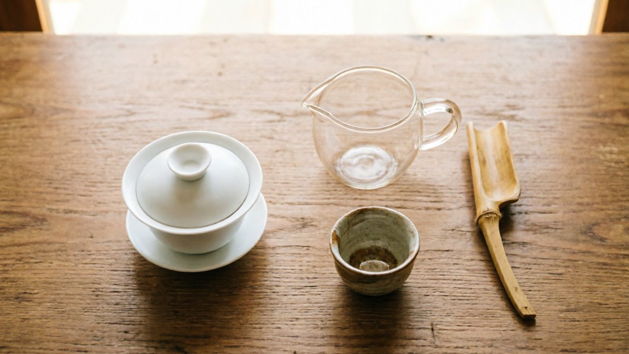 Teaware selection for desk focus including gaiwan, glass teapot, and scoop
