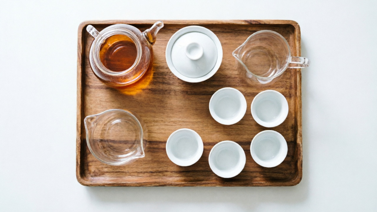 Tea gathering setup with kettle, teapot, gaiwan, pitcher, and cups