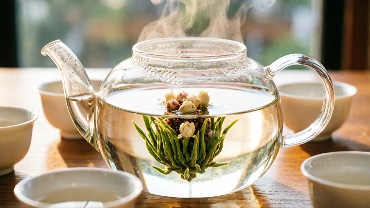 Blooming tea unfurling in a glass teapot, surrounded by small teacups