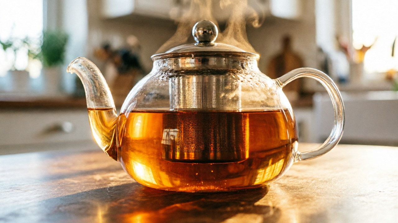 Glass teapot showing tea steeping — kid's-eye view