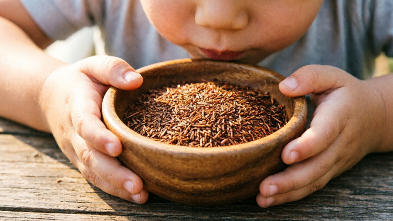 Child smelling loose rooibos leaves from a small bowl