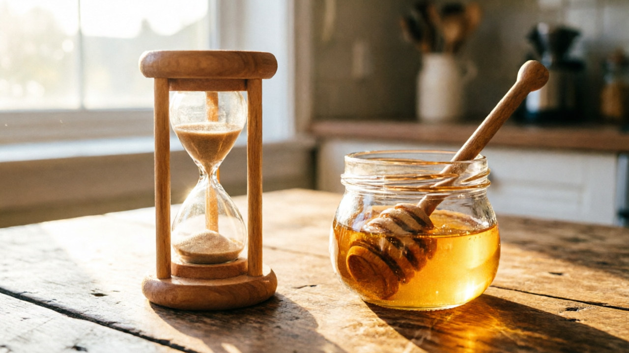 Sand timer and honey pot on table within child's reach