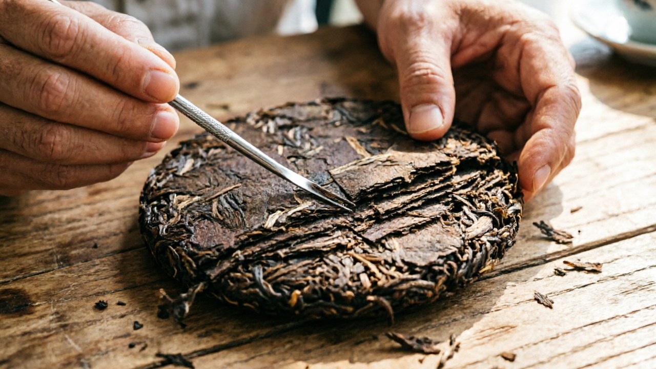 Puerh cake being flaked with a tea needle along the edge