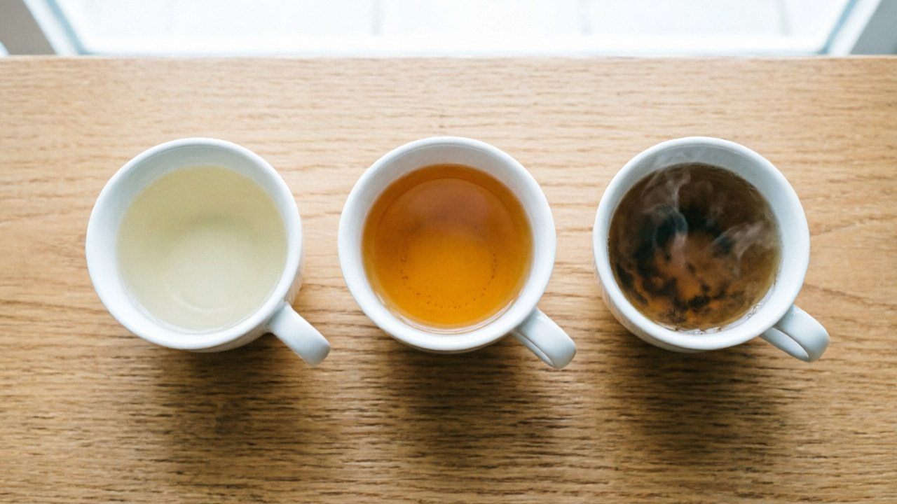 Under-steeped, correct, and over-steeped tea cups compared side by side