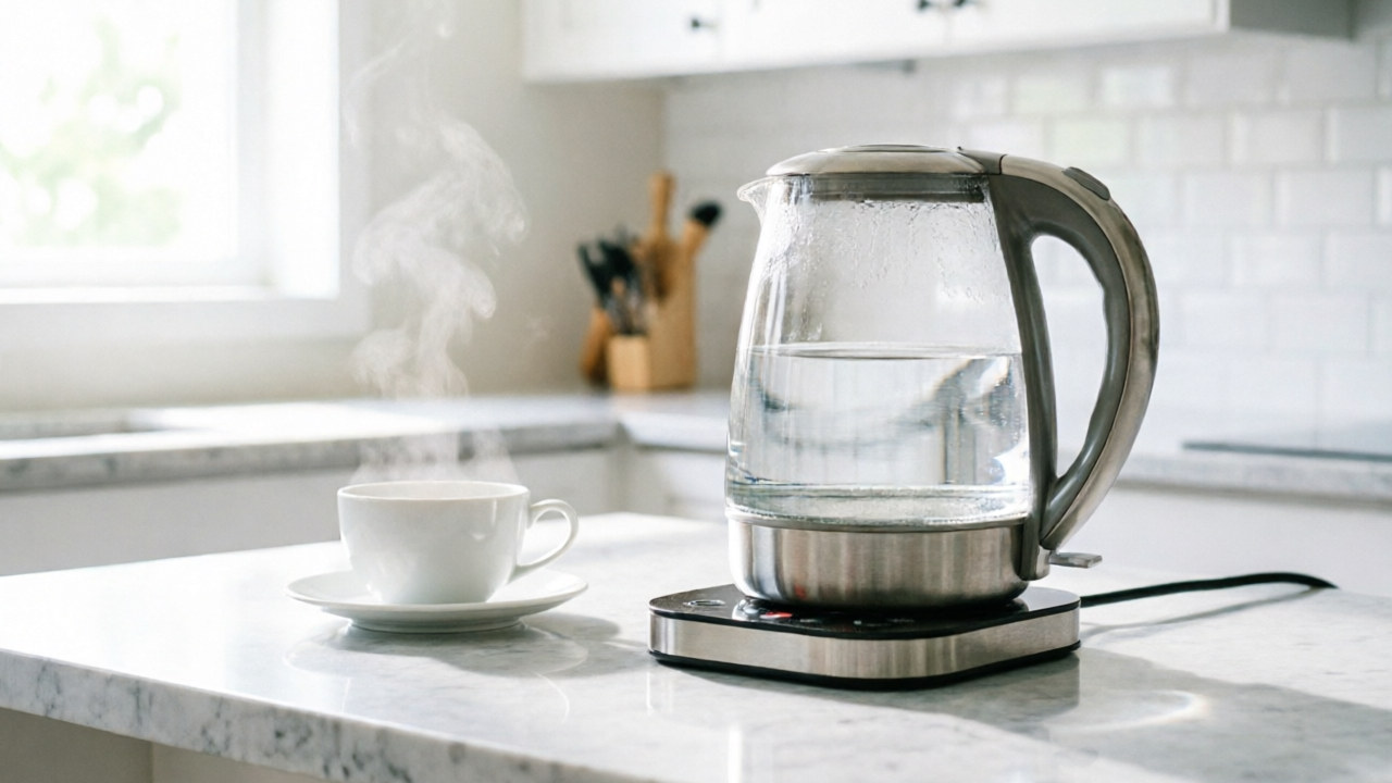 Glass electric kettle with water heating, showing visible temperature scale markings on the side