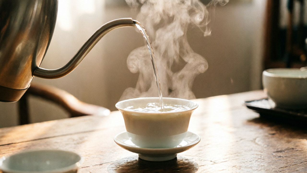 Gooseneck kettle pouring a slow, targeted stream of hot water into a small porcelain gaiwan