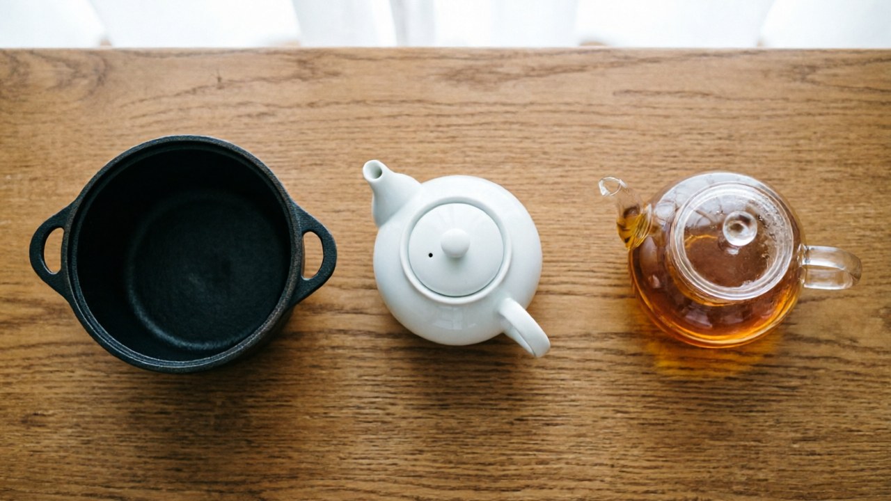 Three teapots side by side: cast iron, porcelain, and glass