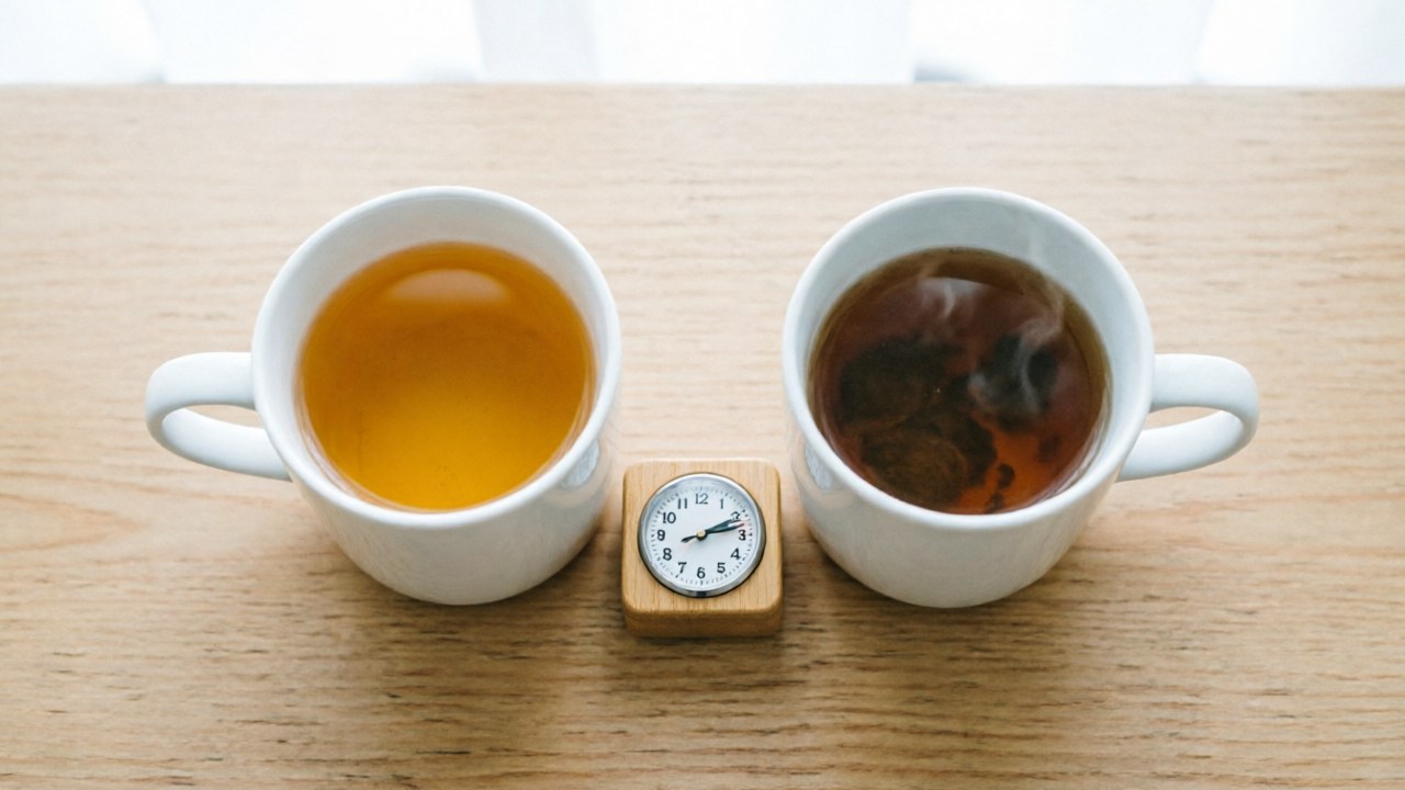 Correct amber steep next to dark over-steeped cup