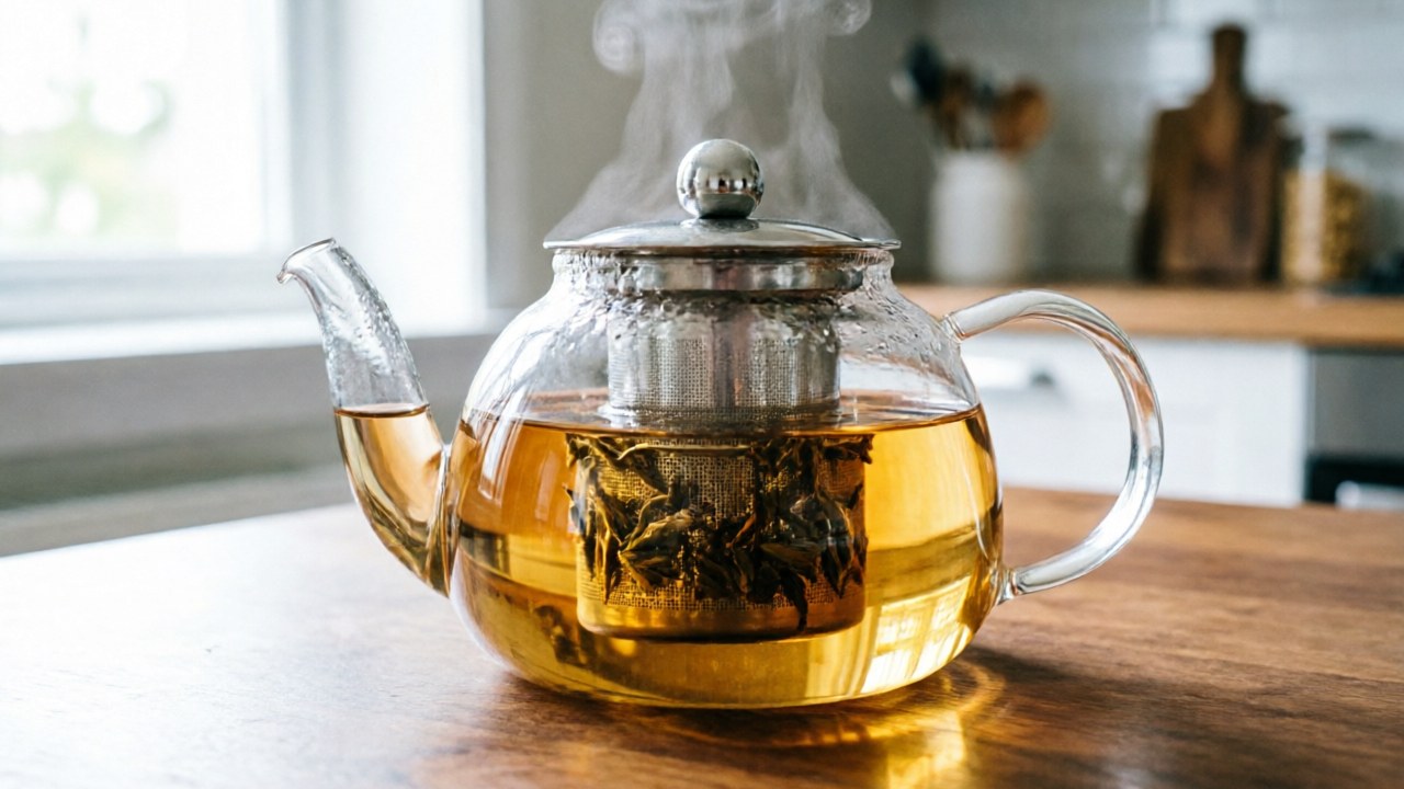 Glass teapot with infuser showing expanded loose-leaf tea