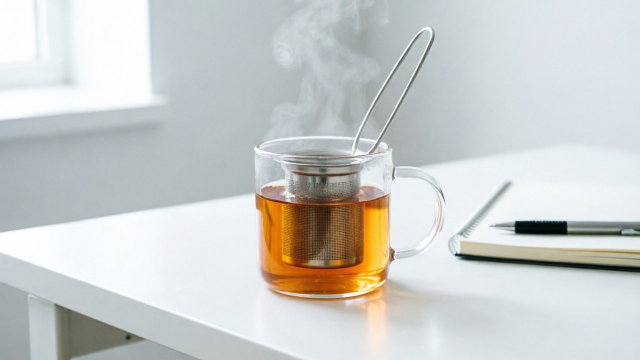 Steeping mug with infuser on office desk