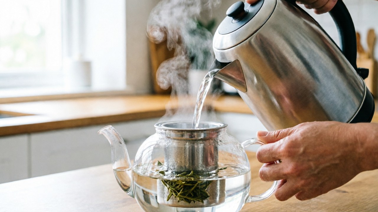 Pouring hot water from kettle into glass teapot with infuser