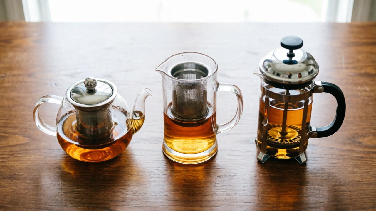Side-by-side comparison of glass teapot, steeping mug, and French press