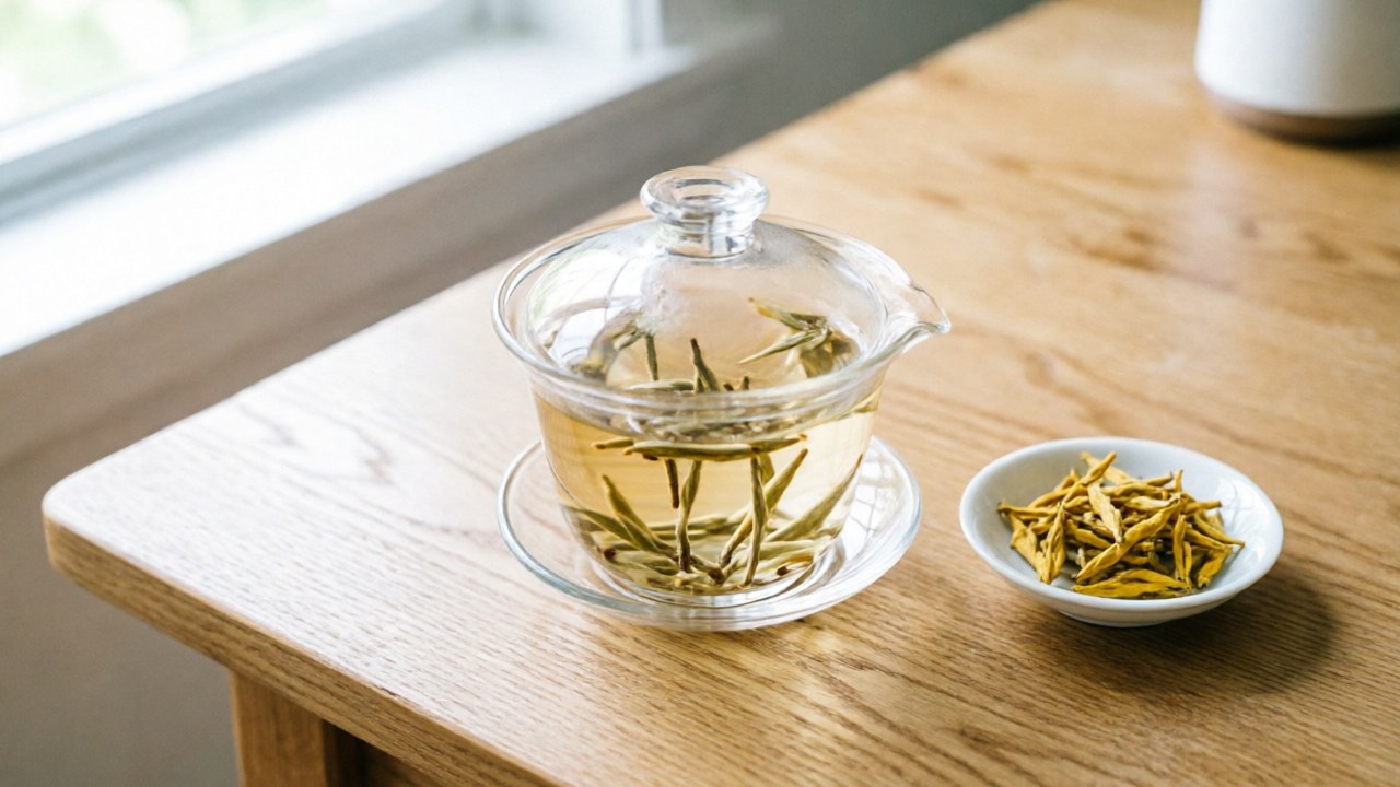 Glass gaiwan showing pale yellow tea liquor after a short steep