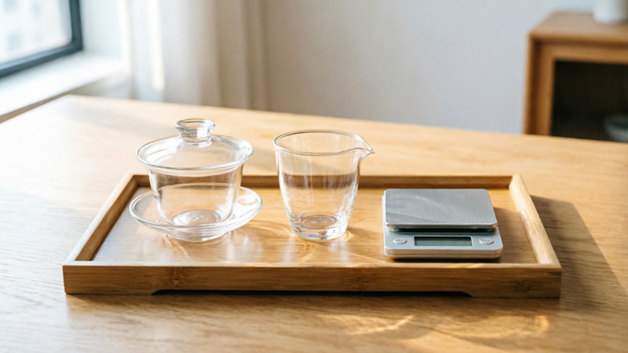 Gongfu setup for yellow tea with gaiwan, pitcher, and scale