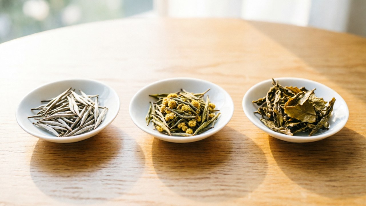 Three grades of yellow tea leaves arranged for a tasting flight