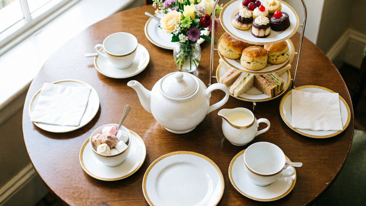 Afternoon tea table setup with teapot, cups, and tiered stand