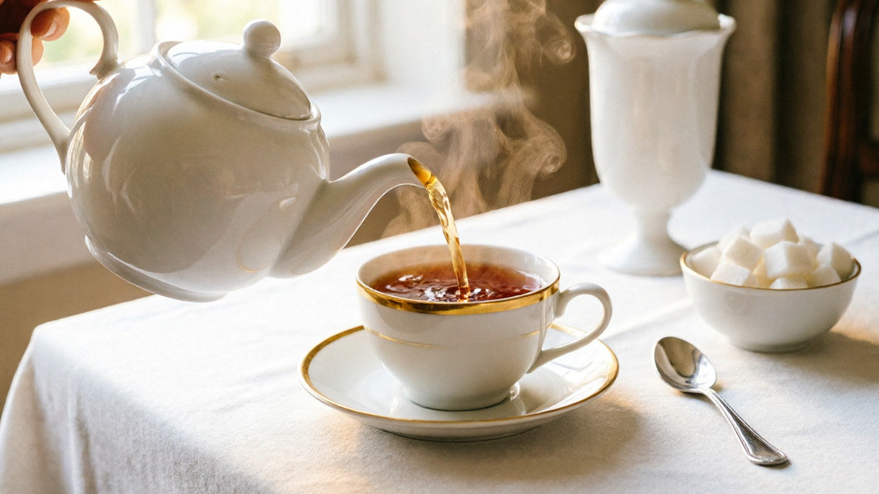 White porcelain teapot pouring tea into cup with saucer
