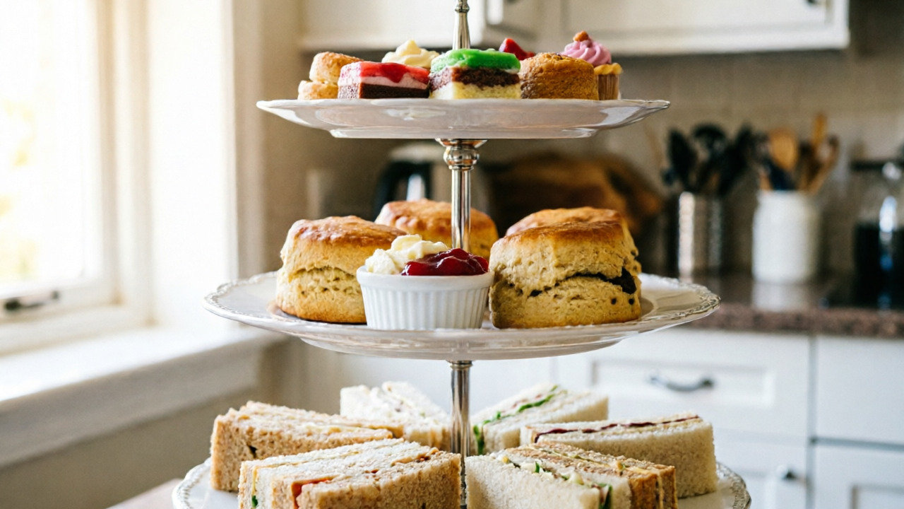 Three-tier stand with sandwiches, scones, and pastries for afternoon tea