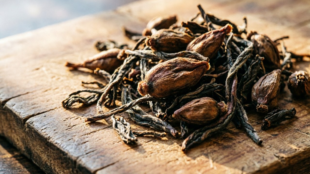 Aged raw puerh cake closeup showing whole-leaf quality