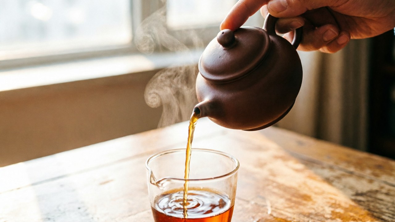 Yixing clay teapot pouring tea into a glass fair cup