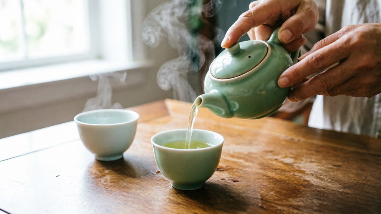Seven-step home Darye sequence on a Korean table with celadon teapot and cups