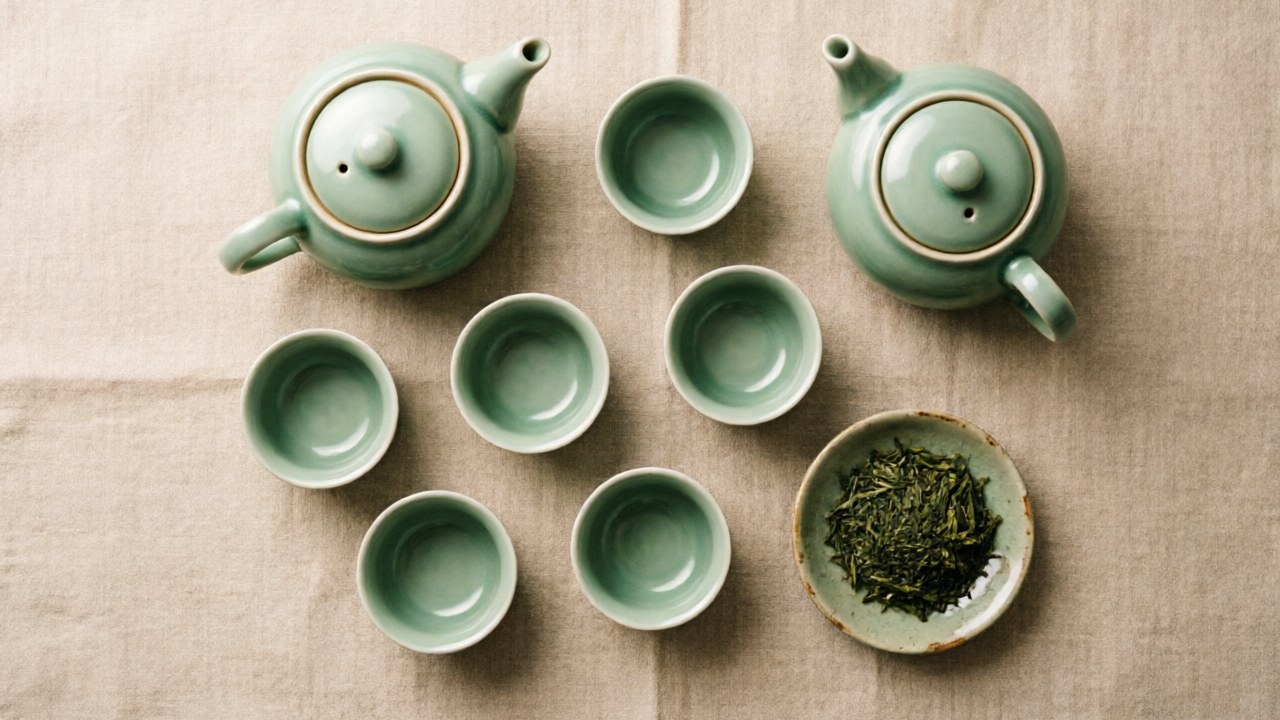 Korean celadon teapot, cups, and dabang set for Darye ceremony