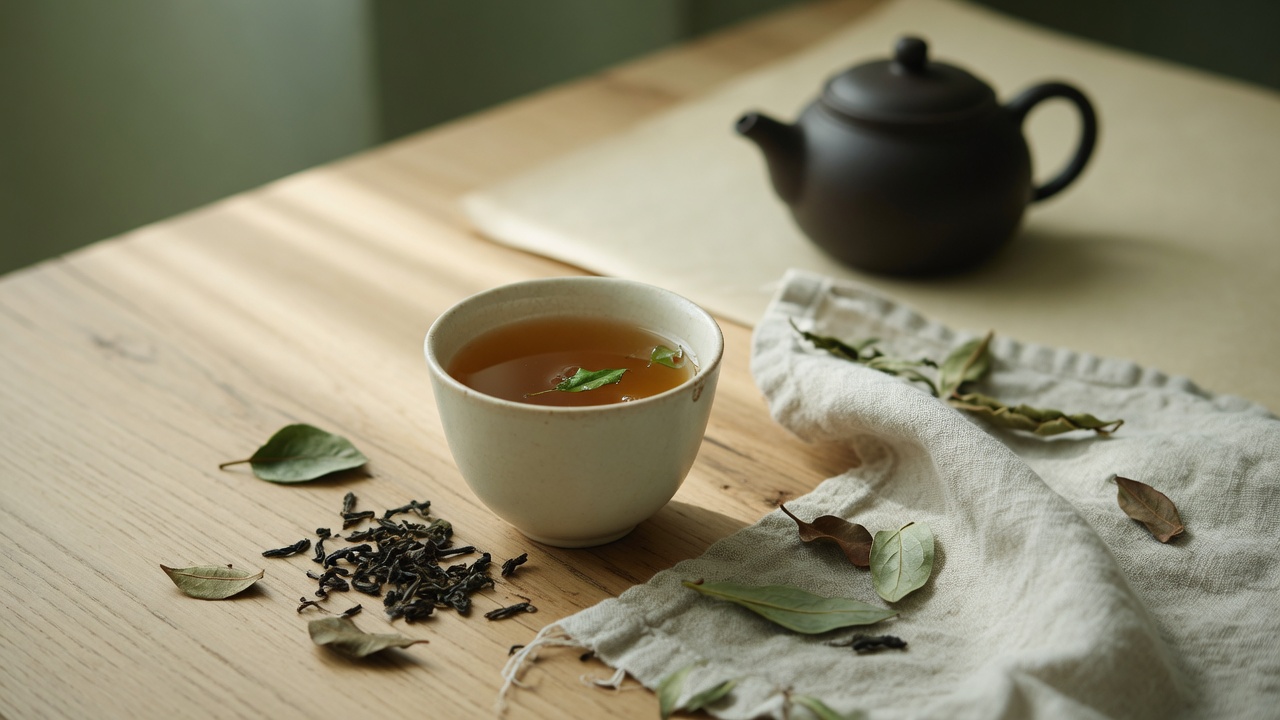 Ceramic cup of tea and loose leaves on a quiet table