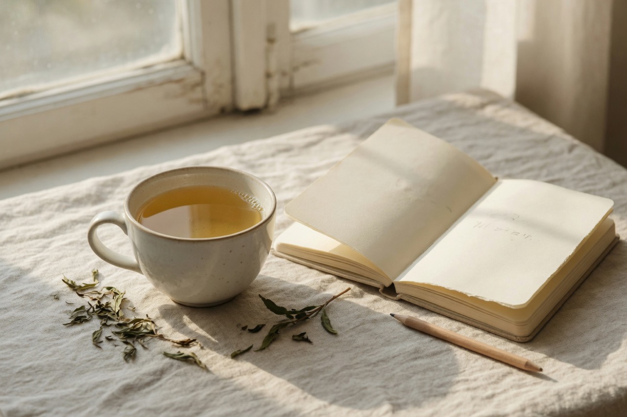 A simple cup of tea and loose leaves on linen — a calm place to begin