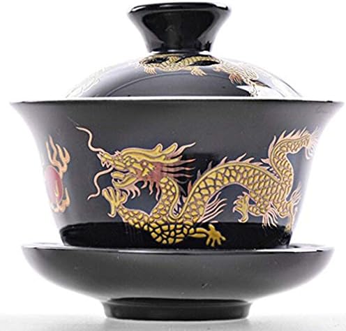YBK Tech Porcelain Gaiwan with Lid & Saucer, Dragon Pattern (Black)