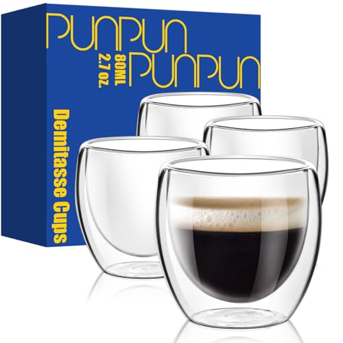 PunPun Glass Cups 2.7oz 80ml Double Walled Clear Insulated Set of 4