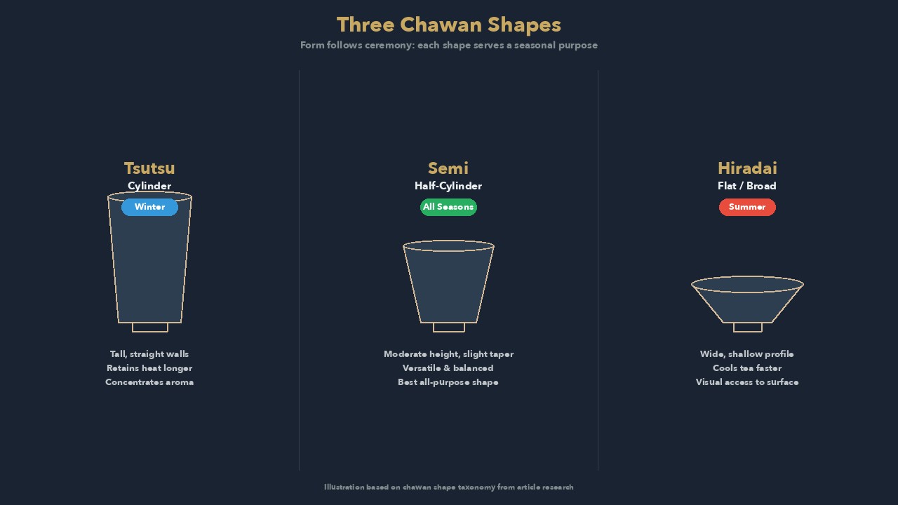 Three chawan shapes: tsutsu (tall), semi (moderate), and hiradai (broad)