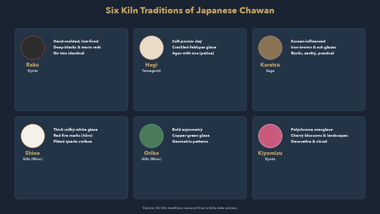Six Japanese chawan styles: Raku, Hagi, Karatsu, Shino, Oribe, Kiyomizu
