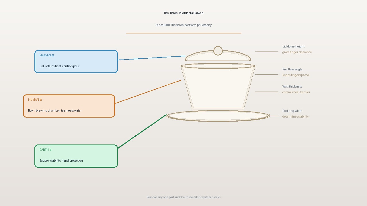 Gaiwan anatomy: lid as heaven, bowl as human, saucer as earth