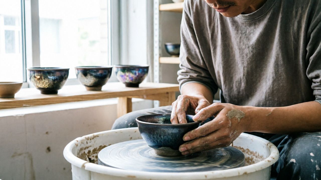 Modern artisan shaping Jian ware bowl in ceramics studio