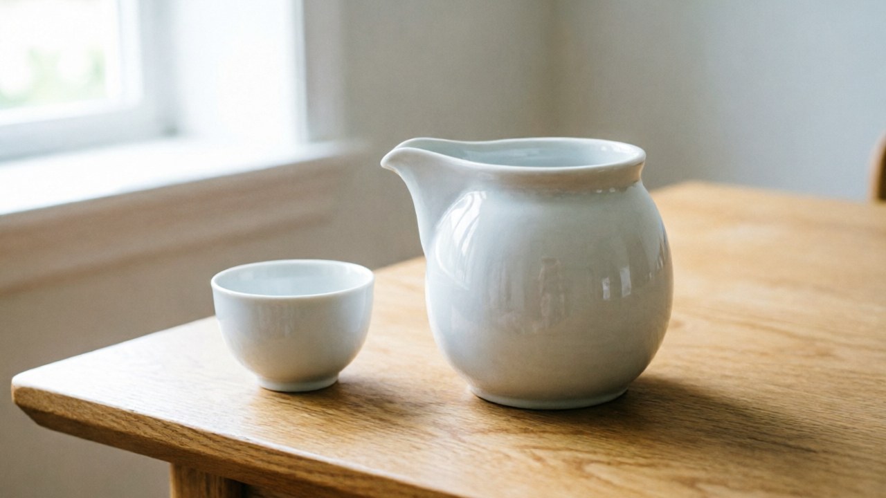 White ceramic gong dao bei fairness pitcher beside teacup on wooden table