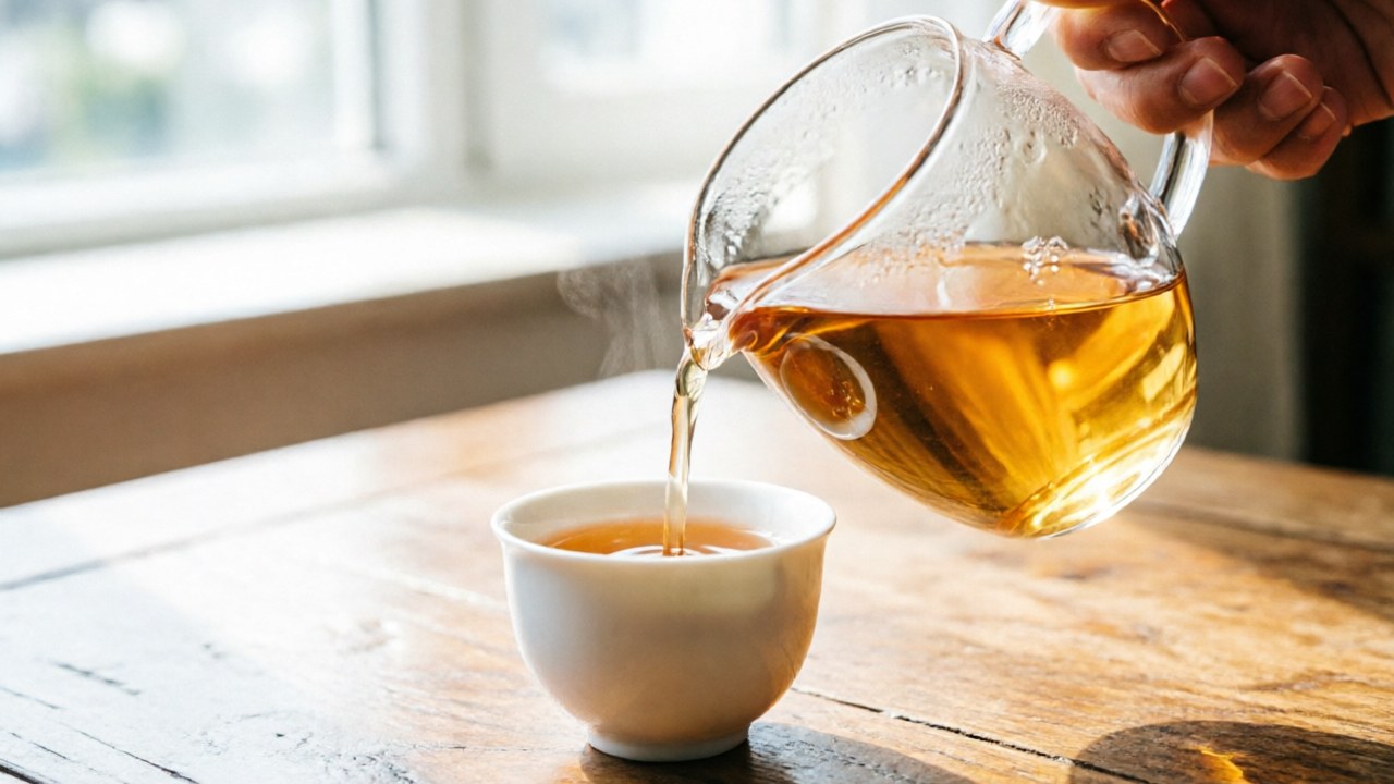 Glass cha hai pouring amber tea into small white teacup