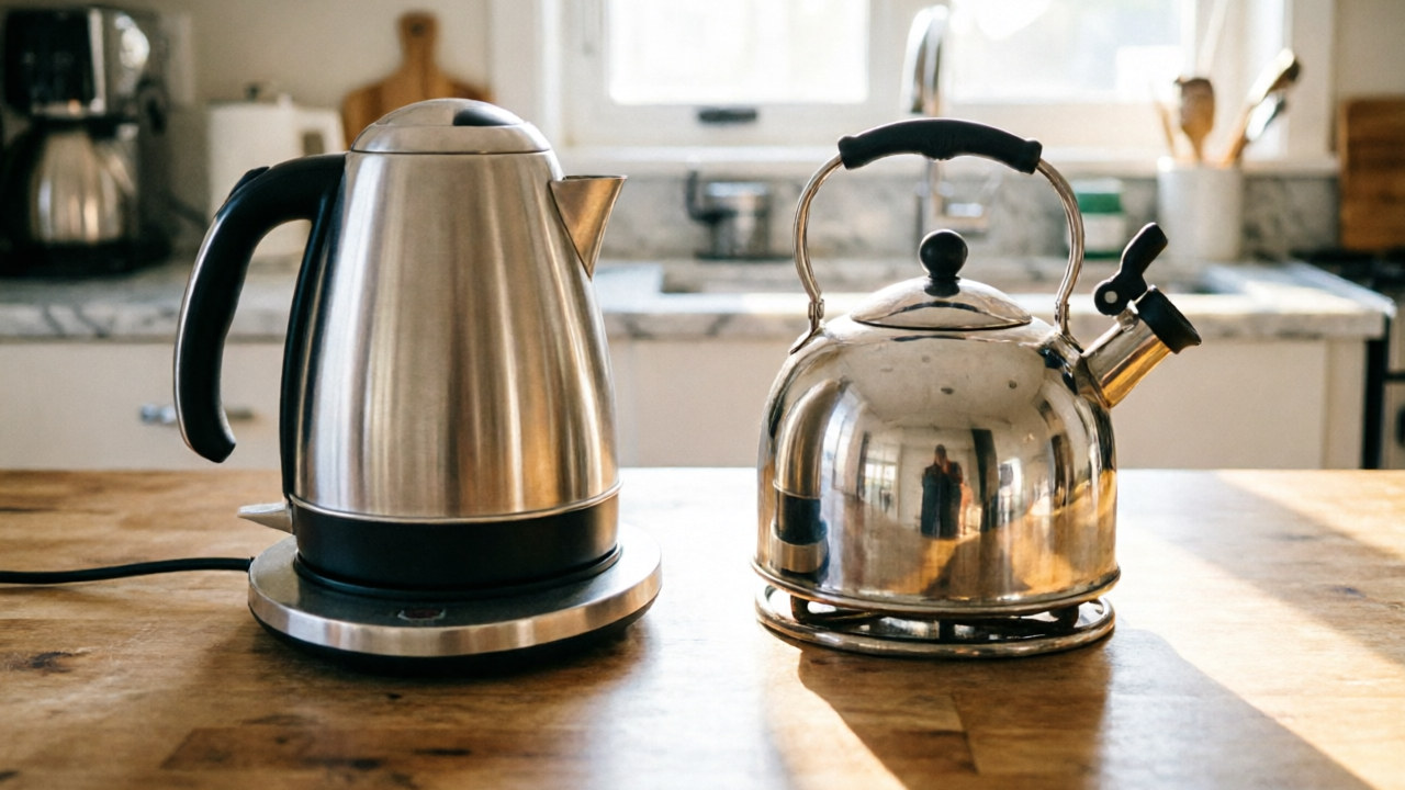 Electric kettle and stovetop whistling kettle — speed vs tradition